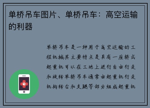 单桥吊车图片、单桥吊车：高空运输的利器